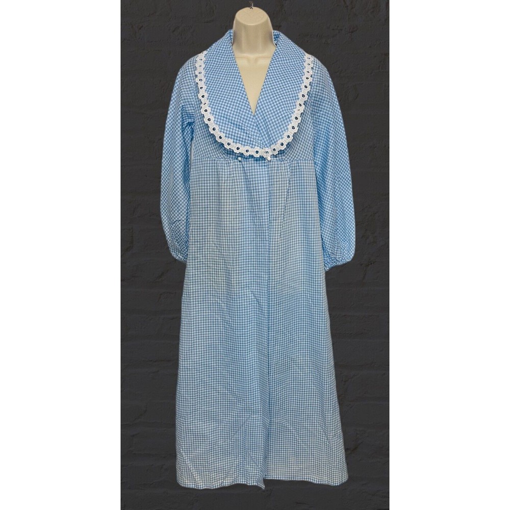 Vintage Sears Perma Prest Womens House Robe Blue Gingham Eyelet Size 34 24701
